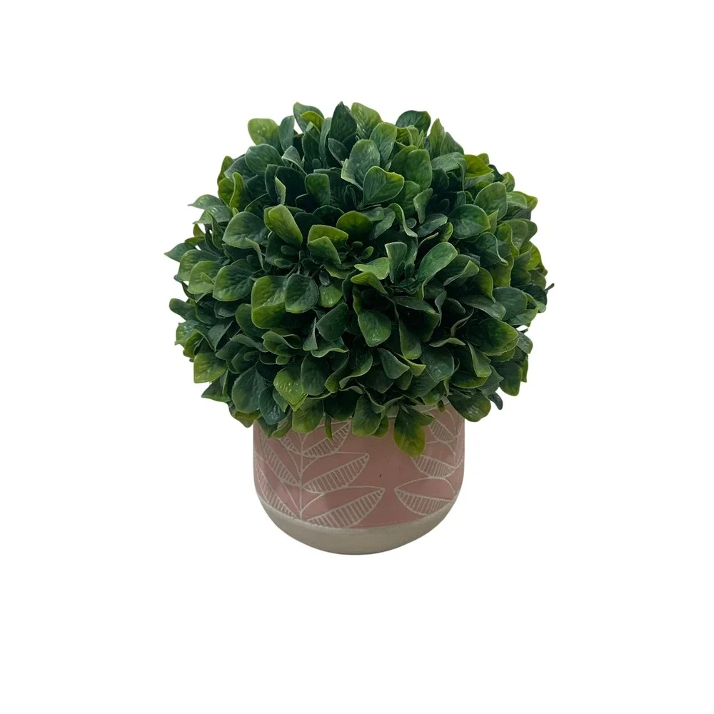 Artificial Boxwood Topiary Ball in Pink Etched Leaf‎ Ceramic Pot 10in Green Faux